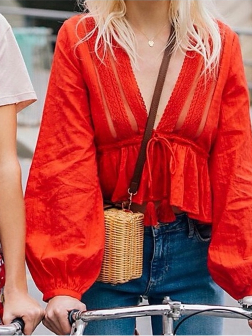 Free People Oberoi Top Red Lace Mesh Boho Blouse - Size Small